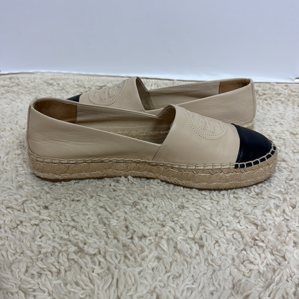 Tory Burch Benton Color Block Espadrille-Nappa Leather Size 7.5 Ivory Black‎ - Picture 7 of 11